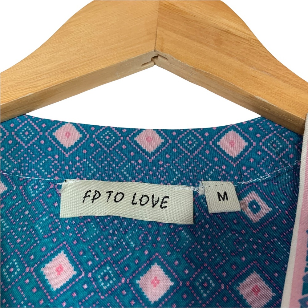 FP To Love Womens V Neck Button Up Midi Dress Medium Blue Pink Drawstring Waist - Picture 7 of 7